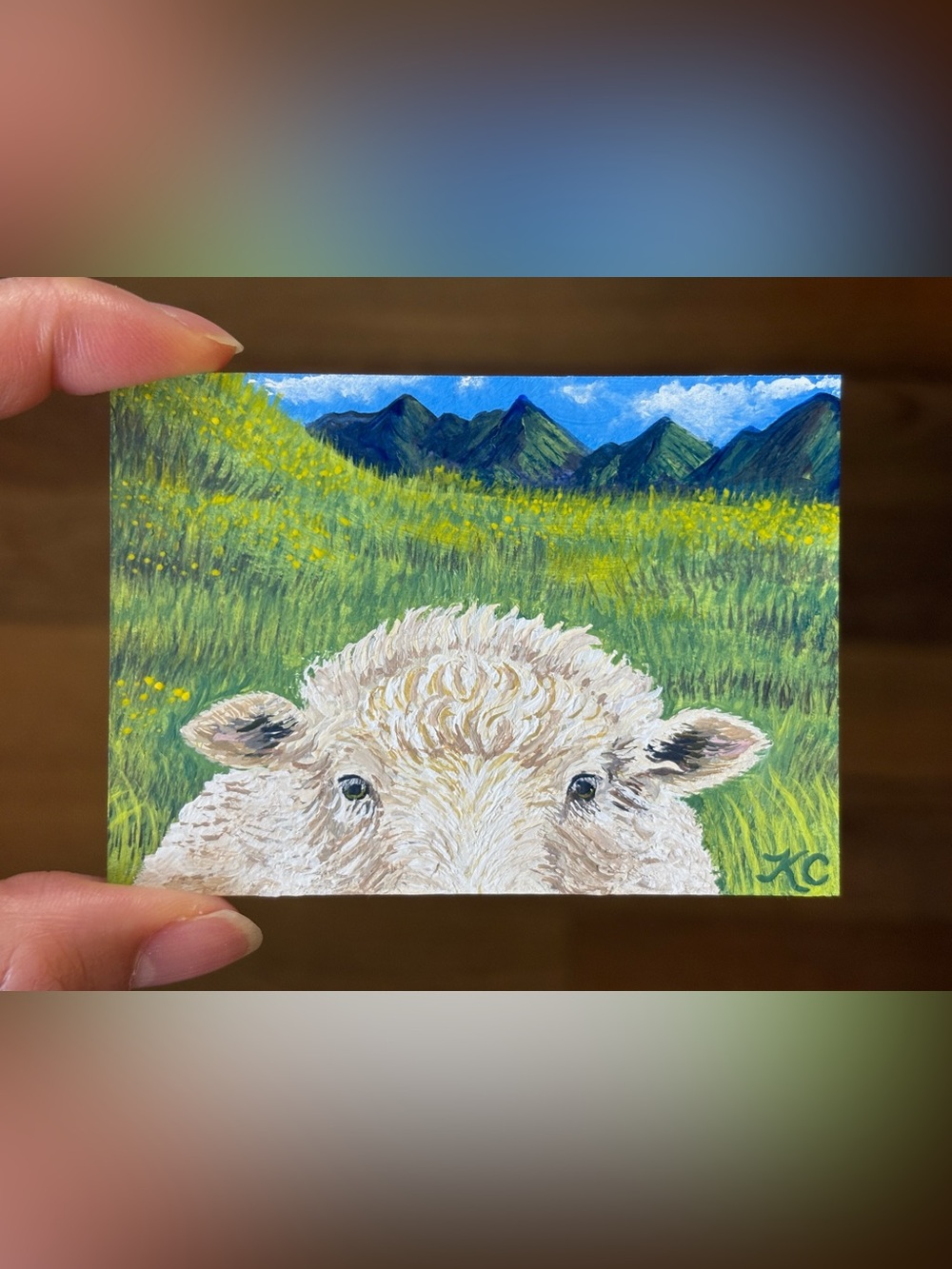 ACEO Original Sheep Field Panoramic Landscape Series 2of3 Acrylic-PaperTrailbyKC
